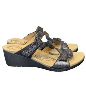 Revere Sofia Sandals Women Comfort Shoe Wedge Slide Metallic Black Python Size 8